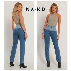 NEW NA-KD Two Tone Straight Leg Jeans in Colorblocked Denim